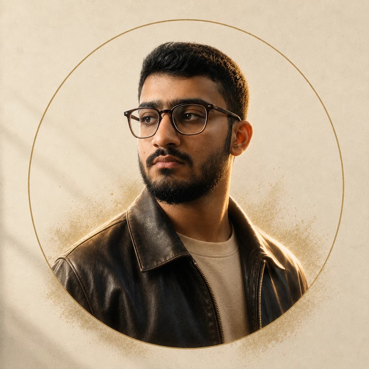 Abubakr Ghauri in a leather jacket, photographed in three-quarter profile against warm cream paper, framed by a fine gold circle.