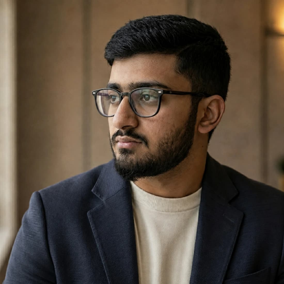 Portrait of Abubakr Ghauri in a navy suit and cream crewneck, photographed in three-quarter profile against a warm panelled wall.