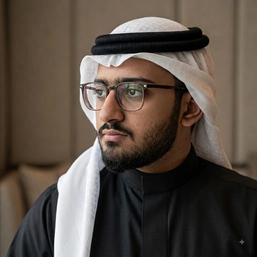 Portrait of Abubakr Ghauri in traditional Gulf dress — a black thobe with a white ghutra and black agal — photographed in three-quarter profile.