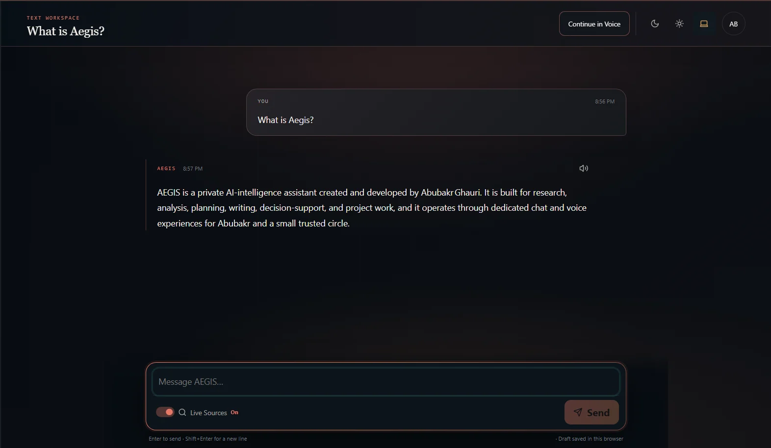 An AEGIS text conversation, with the assistant answering a question and a live-sources switch beside the message box.