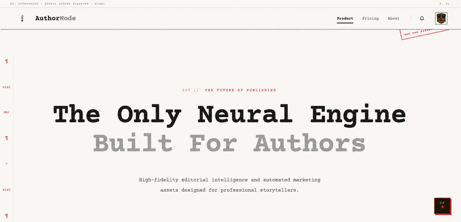 The AuthorNode home page, set in typewriter type on manuscript paper with proofreader's marks down the margin.