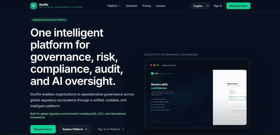 The Govrix.ai home page: a governance, risk, compliance, audit and AI oversight headline beside a preview of the executive governance dashboard.