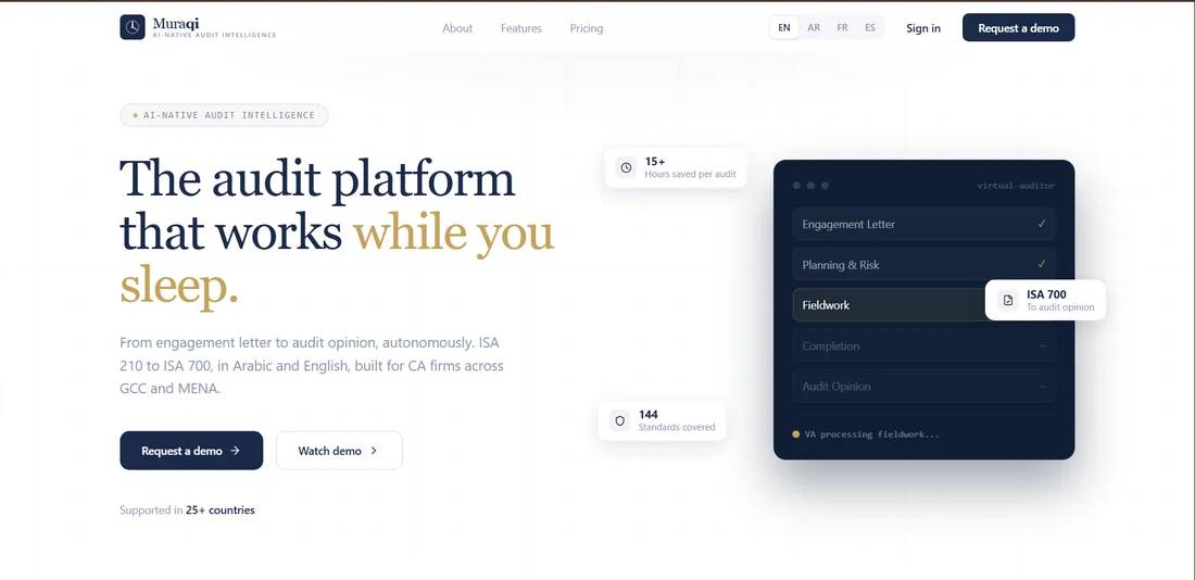 The Muraqi.ai home page: an audit platform headline over a panel stepping through engagement letter, planning and risk, fieldwork, completion and audit opinion.